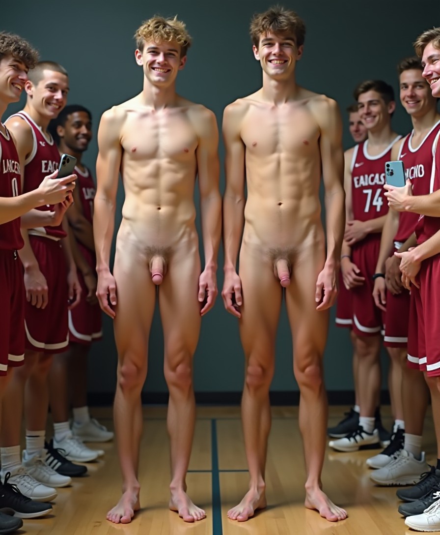 Two pretty naked twin teen brothers are standing full frontal with very large erections. Their hands are tied behind their backs. On each side is a row of smiling basketballers in full iniform. Two of the basketballers are taking photos with their phones.