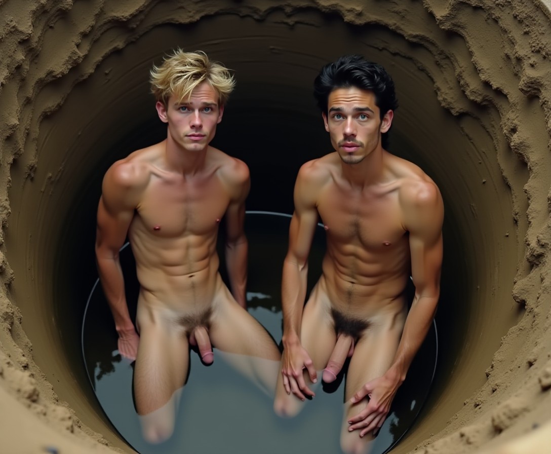 We look down into a very deep dry well and see two fully naked 18yo men sitting, legs apart, looking up at us with deperate expressions on their faces. One is a handsome, slender Australian man with long wispy blond hair. The other is a handsome, slender, Brazilian man with wavy black hair. Both men have large flaccid cocks visible to us.