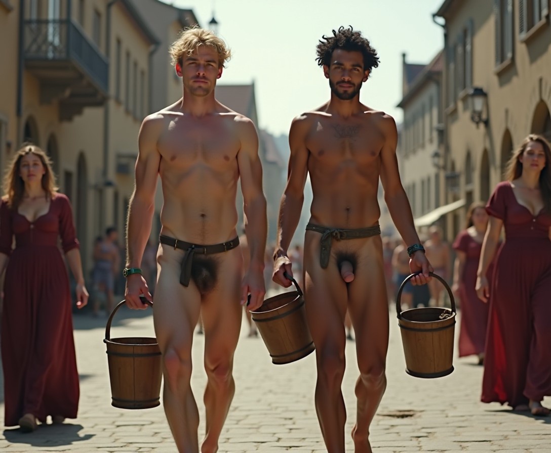 In a crowded 16th century town square there are three women wearing 16th century dresses. Walking along the street are two totally naked squires each carrying two wooden pails filled with water, one in each hand. The first squire is a tall, slender blond 20yo Englishman with his large erection clearly visble, The second squire is a short, skinny 18yo Englishman with curly black hair. His erection is clearly visble.