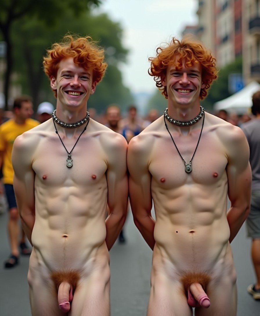 Two skinny, pretty, very light-skinned, naked young men with curly red hair are walking with their hands behind their backs in a gay pride parade. The have spiked slave collars linked together by chains. The men are smiling and proud with huge erections pointing upwards.