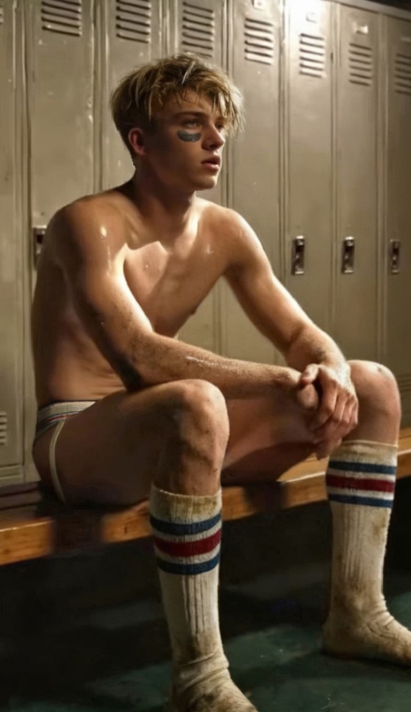 dirty sweaty blond athlete sitting on the bench in the dim locker room, wearing only his jockstrap and dirty striped sports socks