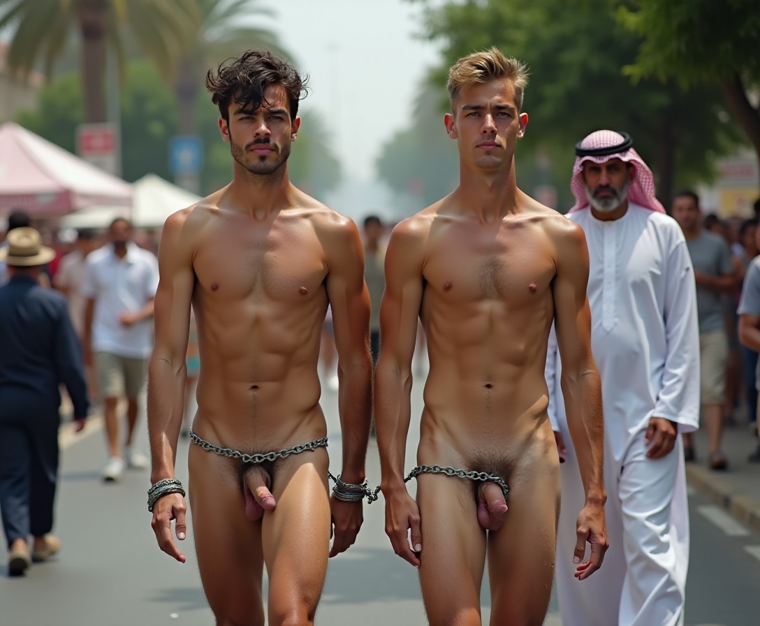 Two skinny Nubian young men walking in a gay pride parade have their hands tied behind their backs. They are  shackled together by chains to their ankles. Walking beside them is an older Arabian man wearring a Middle Eastern robe.