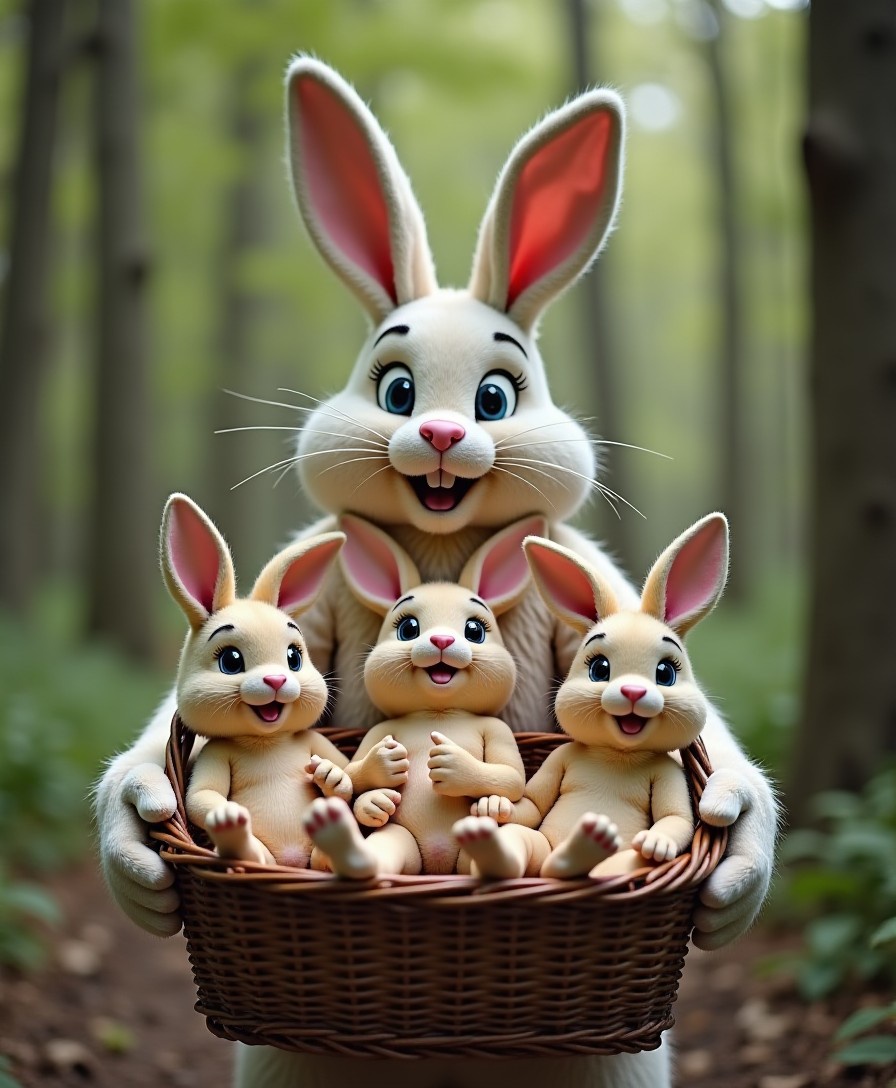 In the forest the Easter Bunny is holding a large basket in front of him. 
In the basket there are three skinny, naked 18yo men. The men have erect penises.