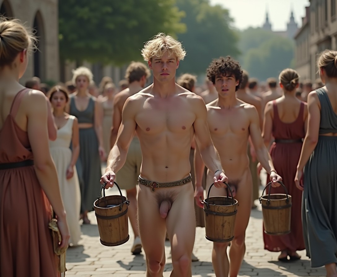 In a crowded 16th century town square there are three women wearing 16th century dresses. Walking along the street are two totally naked squires each carrying two wooden pails filled with water, one in each hand. The first squire is a tall, slender blond 20yo Englishman with his large erection clearly visble, The second squire is a short, skinny 18yo Englishman with curly black hair. His erection is clearly visble.