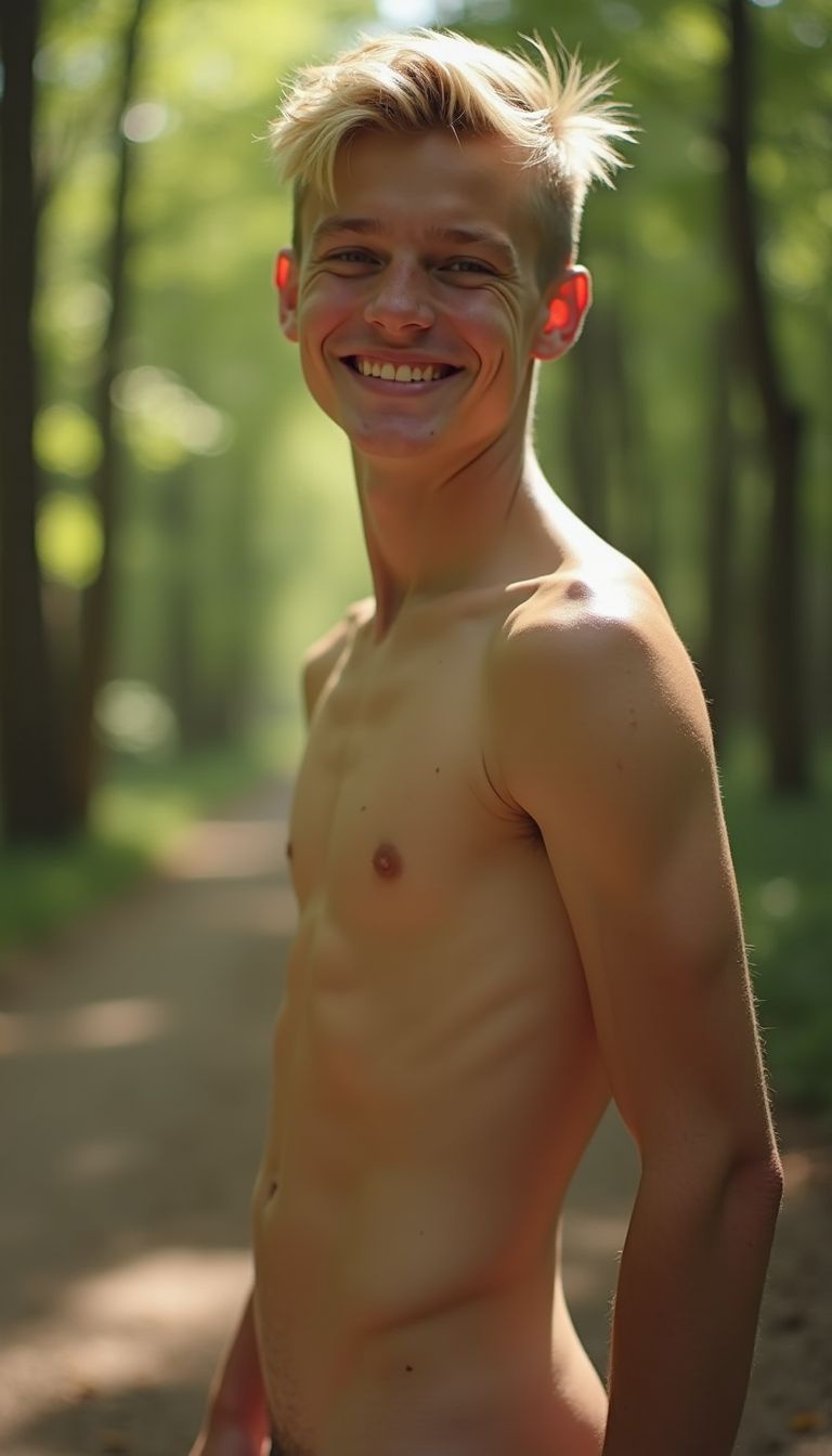 4K portrait of a hairless, tanned 18-year-old blonde twink, standing nude in a sunlit forest, confidently displaying his slim, toned body and full erection.