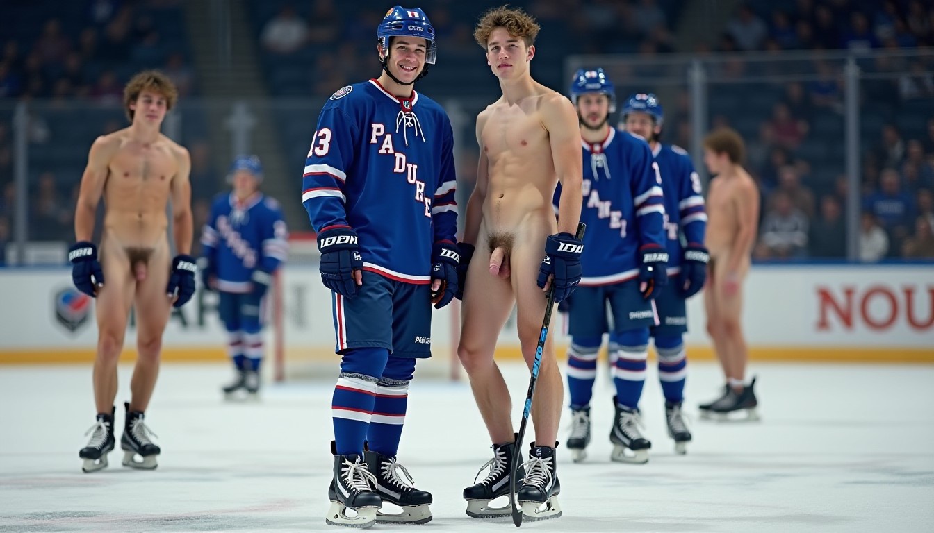 At an ice hockey game one team are fully dressed in unifirns which are mostly blue. The members of the other are totally naked except fo their skates and sticks.