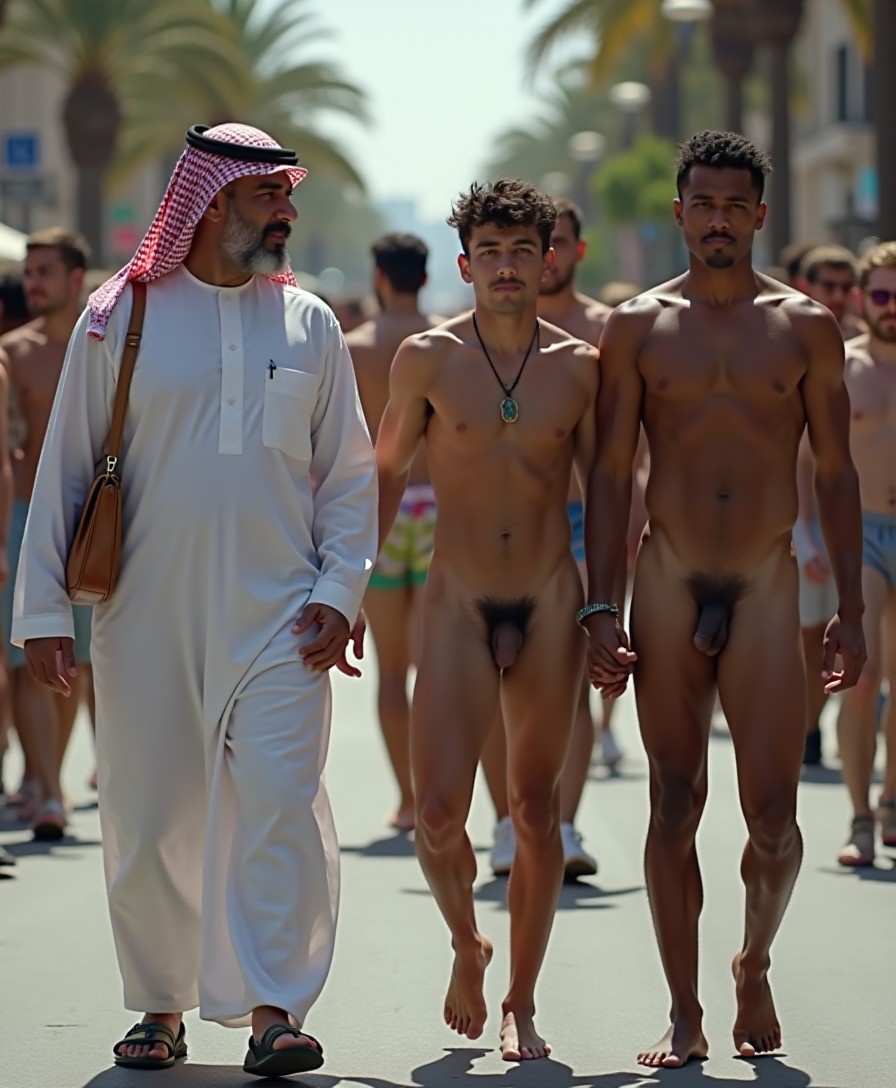 Two skinny, pretty, very dark-skinned, naked young men are walking in a gay pride parade. The right hand of one is cuffed to the left hand of the other. Walking beside them is an older Arabian man wearring a Middle Eastern robe.