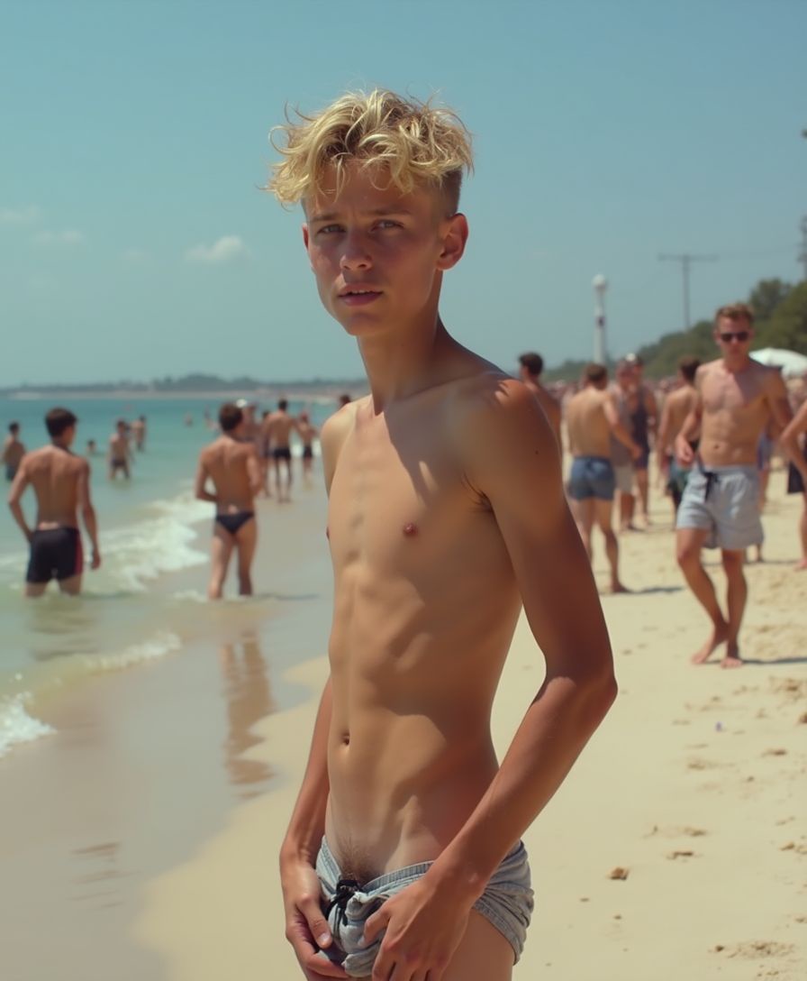 Create an image of an 18-year-old, slim, and short twink, standing innocently shy yet curiously exploring his surroundings at a very crowded nude beach, his lithe body subtly hinting at his youthful inexperience.