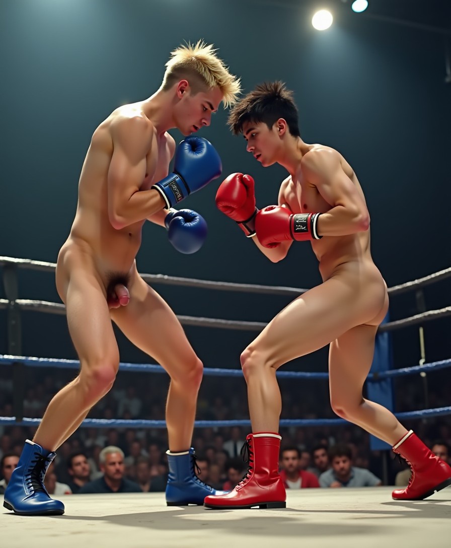 In front of a large audience two slender 18yo boxers fight in the ring. They are both totally naked. One has short blond hair and blue gloves and blue boots. The other has messy black hair and red gloves and red boots. They both have medium erections.