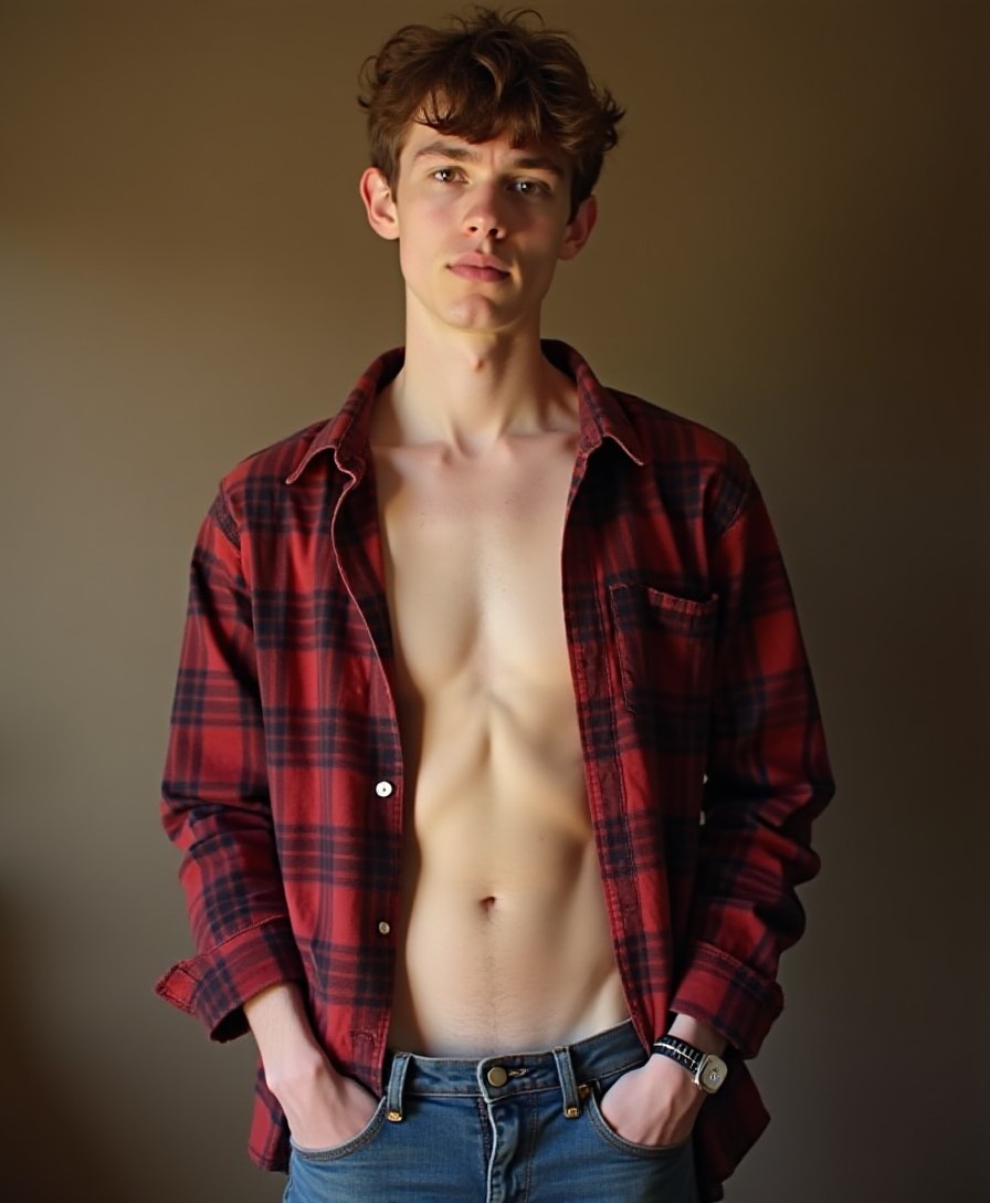 Full-body shot of a naked brown-haired twink wearing a lumberjack shirt. Hes got a neutral facial expression