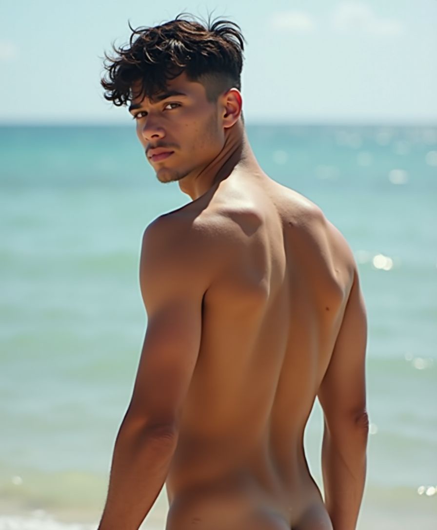 19yr old smooth, fresh faced, athletic, Latino fully nude on a beach facing away from the camera looking back towards the cameraman.