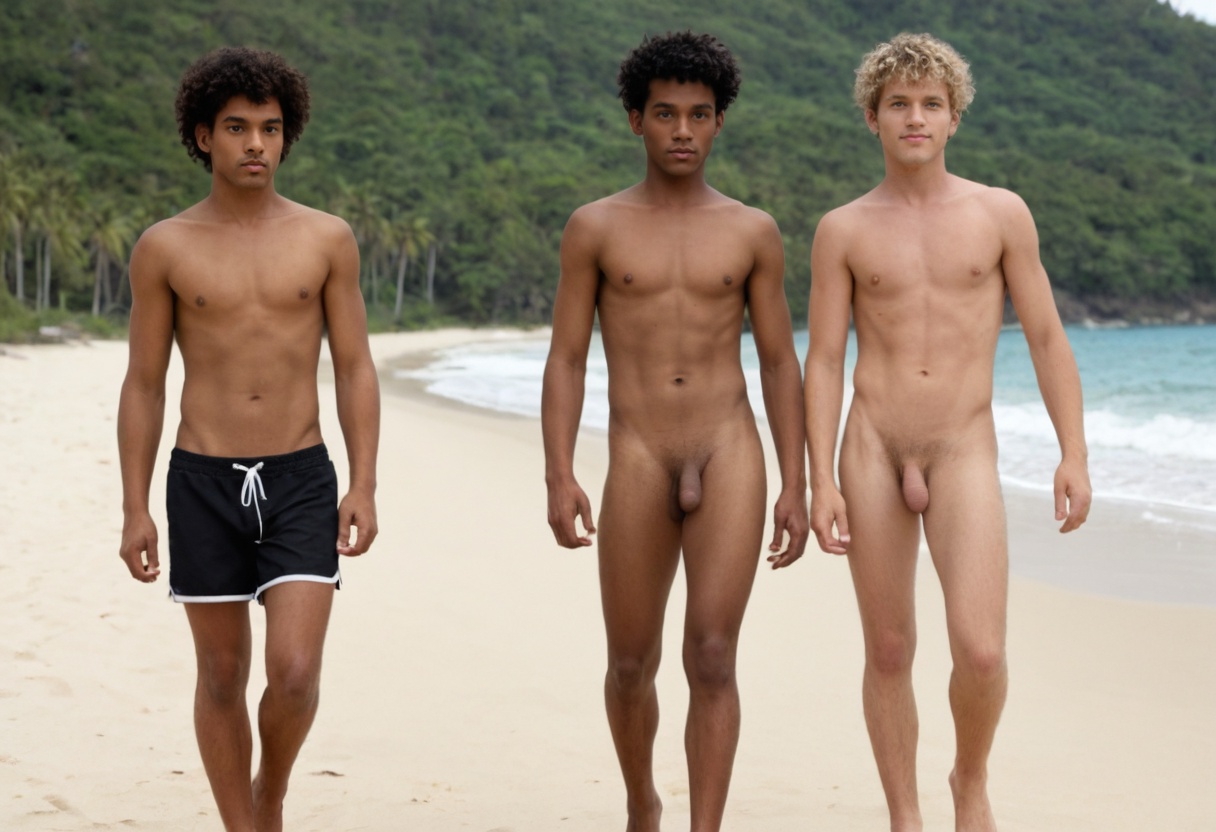 Four boys are walking along the beach together. In the centre happy twin brothers Sam and Eric are beautiful, skinny, totally naked boys with long blond hair and huge erections. On the left Ralph is a smiling, tall handsome lad with dark curly hair wearing an open untucked tan shirt and dark brown shorts. On the right Simon is a serious, good-looking boy with shaggy sandy hair fully clothed in a ragged scool uniform.