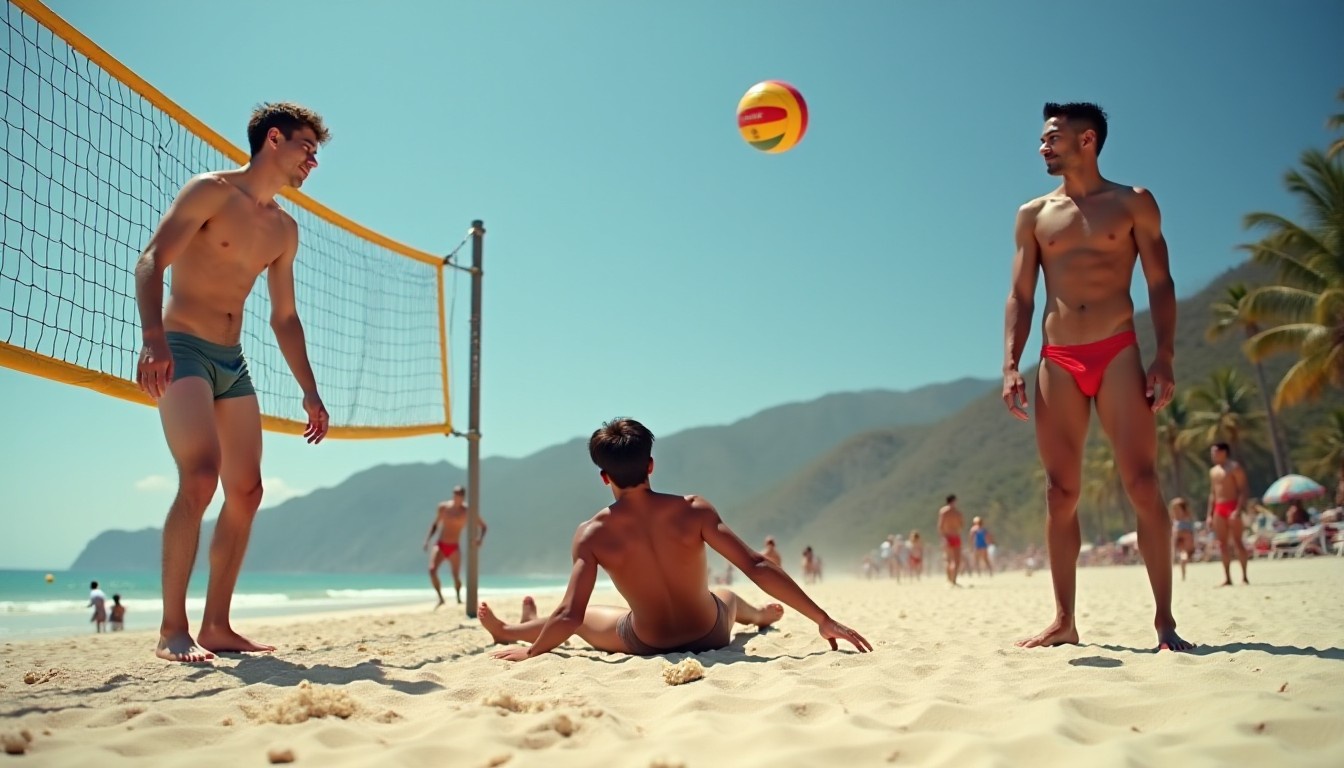 On a beach volleyball court two teams are playing. To the right of the net there are two skinny 18yo Asian men who are both totally naked. Their cocks are visible. One is spread-eagled on the sand. The other is holding out a hand towards him. On the left of the net there are two tall, slender 20yo dark-skinned men wearing red speedos. One is holding a volleyball.