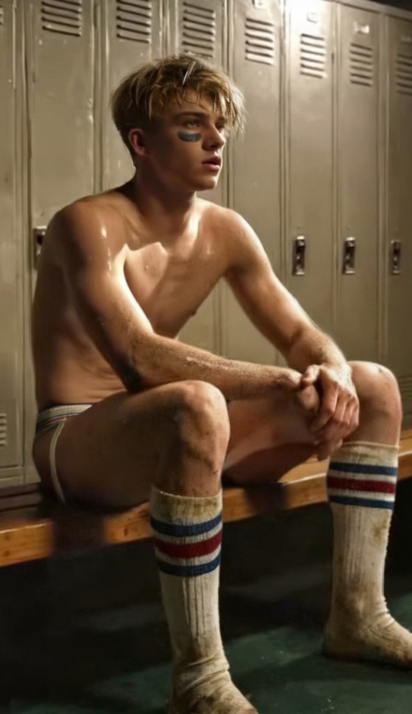 dirty sweaty Blond athlete sitting on the bench in the dim locker room, wearing only his jockstrap and striped sports socks