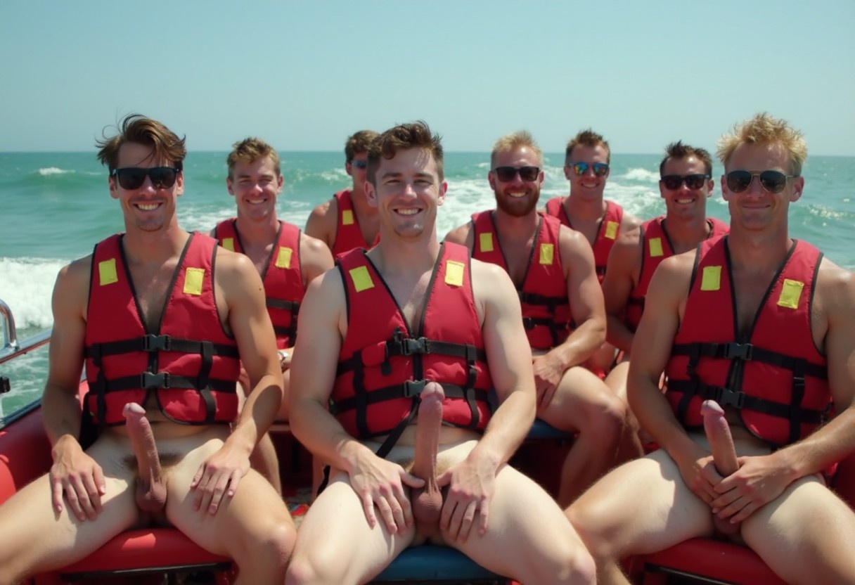 Eight muscular lifeguards are in a rescue boat making its way through the surf. They are all wearing red and yellow lifejackets and red swimming trunks. Two handsome, slender,18yo junior lifeguards sitting in between the others are totally naked with large erect dicks.