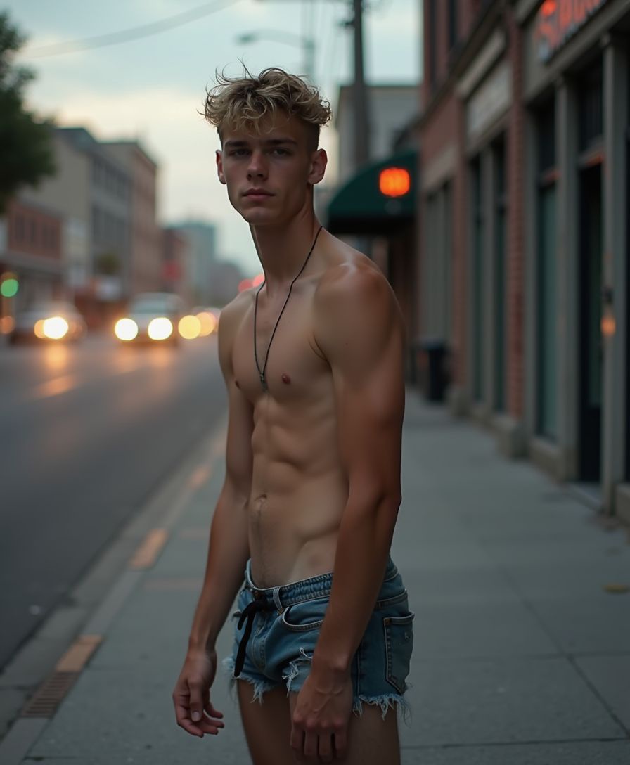 Capture a raw, intimate portrait of a short 100lb, homeless, runaway twink, clad in tattered, faded cut-offs, barefoot on city streets at dusk. Offering his body for money.