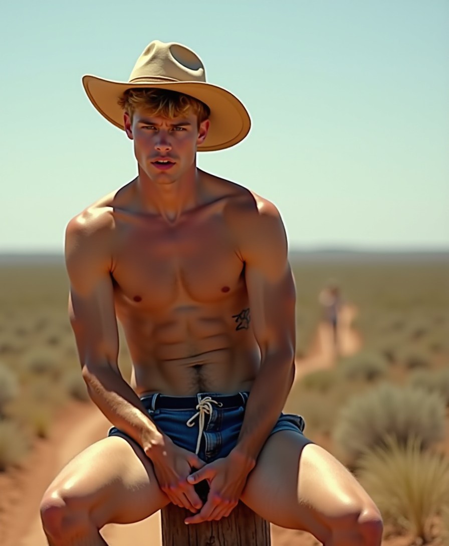 The barely legal twink with a golden tan and a mop of thick blond hair, wearing only an Akubra sun hat, sits on a weathered fence post in the vast Australian outback, his legs spread wide to reveal his sizable, uncut cock beginning to stir in the hot afternoon sun. Sweat glistens on his toned chest and legs as he looks up sheepishly through his fringe with piercing blue eyes, his hands nervously tugging at the brim of his hat. In the distance, a hot silver daddy approaches, his muscular chest bare under the scorching sun, his hand rubbing his growing bulge through his jeans, boots crunching on the dry grass as he closes the distance, a predatory gleam in his eyes.