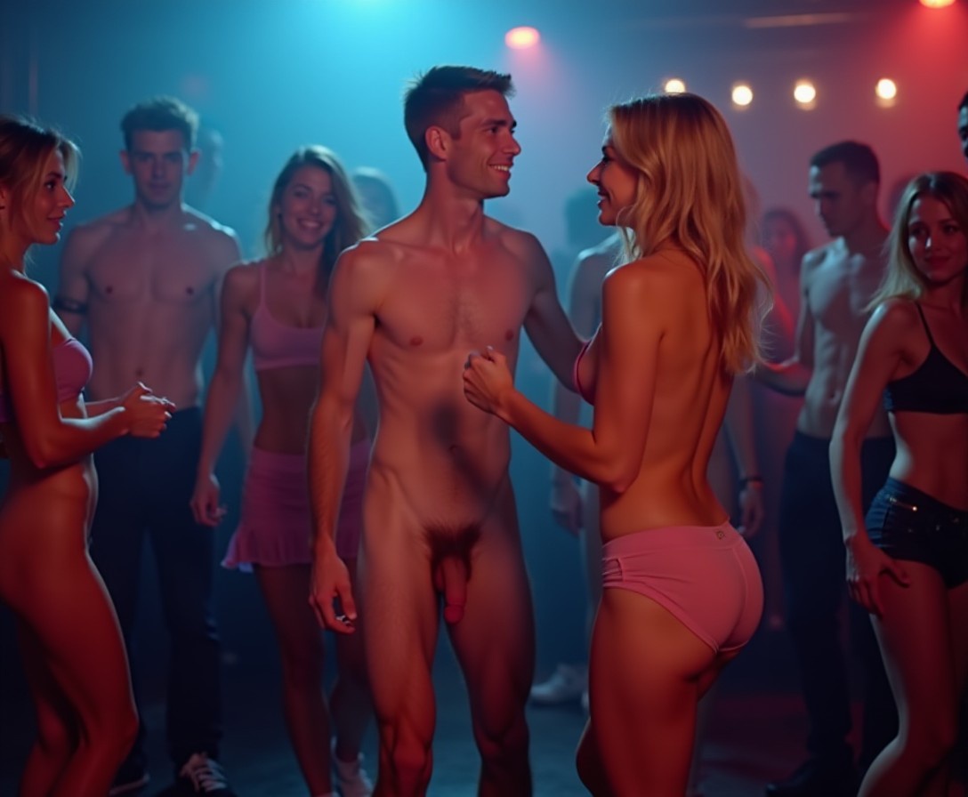 Several young couples are dancing together dressed in modern clothes at the nightclub. At the front, there are two couples. The males are slender, totally naked, 20yo blondes with large cocks. The females dancing with them are fully clothed.