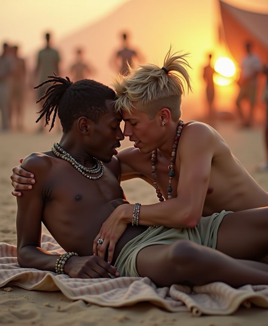 Shoot two barefoot, 100 lbs twinks one with blonde boy with dreadlocks the other an African boy with a ponytail entwined in a passionate, uninhibited embrace mid-act, laying on a worn blanket amidst the dusty, neon-lit magic of Burning Man's core, lost in their own world as a crowd watches their love making.