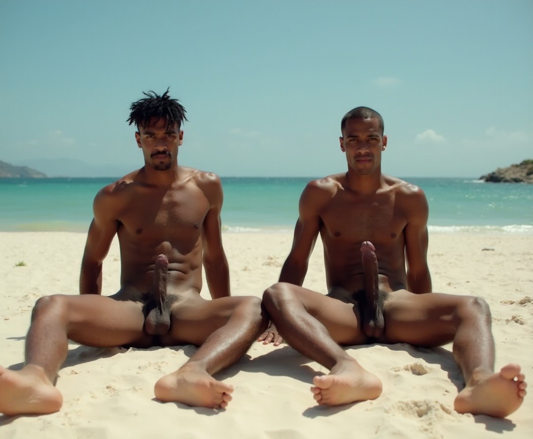 On a desert island two tall, slender 18yo Nubian men lie naked on the beach. They are totally naked with large erect cocks.