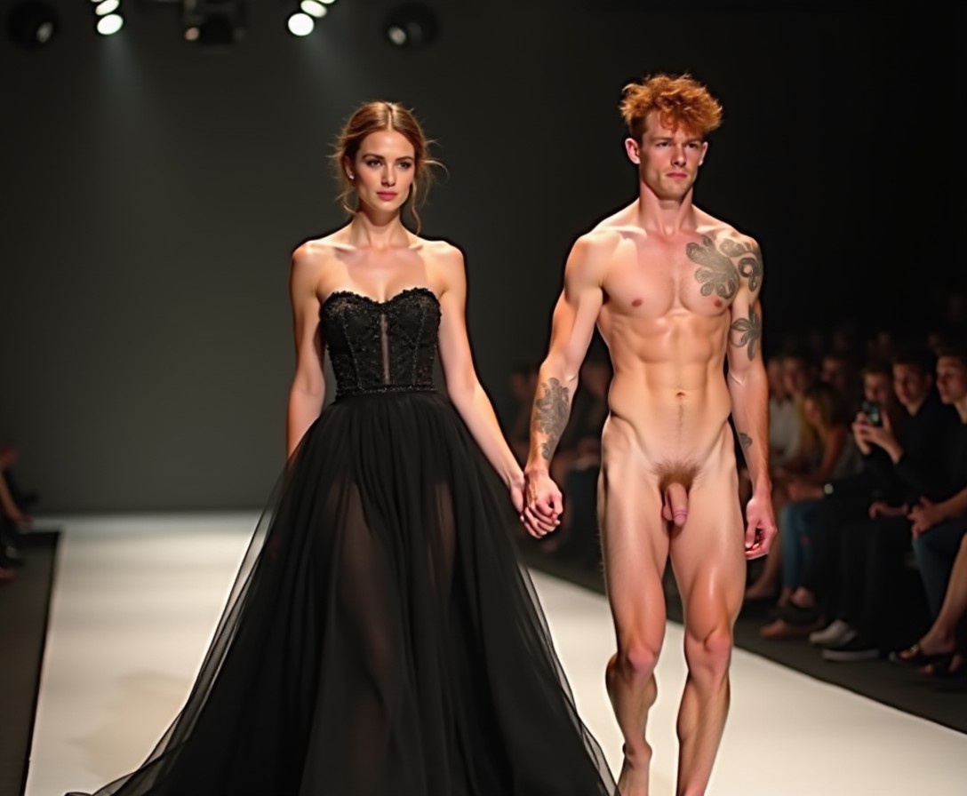 At the fashion show an elegant young women in a black ball gown walks the catwalk accompanied by a tall. slender totally naked 20yo Irish man with messy, ginger hair. He has a large erect cock.
They are followed by an elegant young women in a white ball gown accompanied by a tall, slender totally naked 20yo African man with curly black hair. He has a large erect cock.