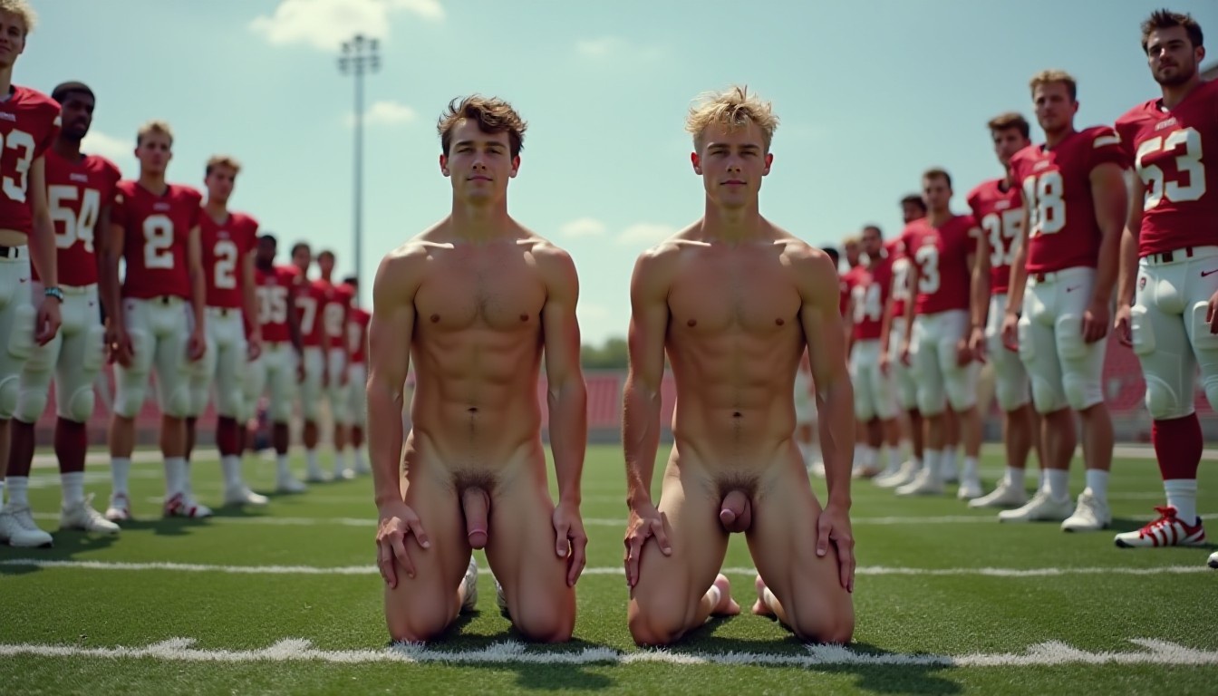 On the field, two pretty skinny naked twin teen brothers are kneeling full frontal with very large erections. They are distressed. On each side is a row of smiling American footballers in full uniform