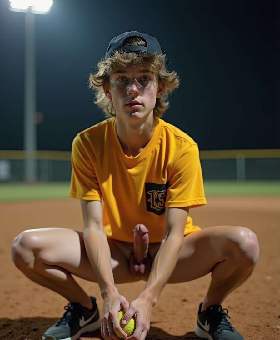 A perfect 18-year-old twink with shaggy light brown hair and piercing hazel eyes, squats low in his catcher's stance under the harsh, neon field lights, his 7-inch cut dick semi-hard and swaying between his toned thighs. His perfect, round ass is on full display, his large balls and trimmed pubic hair glistening with sweat, the backwards cap casting a shadow over his 18-year-old, eager face as he waits for the pitch, his naked, sculpted body mesmerizing in the cold night air. The camera captures the raw, sexual tension, the cool night air making his nipples hard and his skin glisten as he anticipates the next serve. His boyish good looks and big cut dick are a sight to behold.
