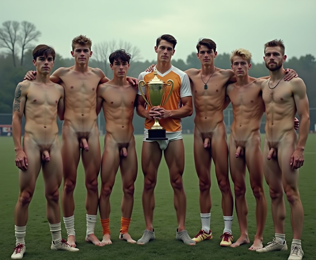A football team have a group photo on the victory dais wih the captain holding the trophy.The team are wearing their dirty, sweaty uniforms. Two slender 18yo members are stark naked naked naked with erect penises on display.