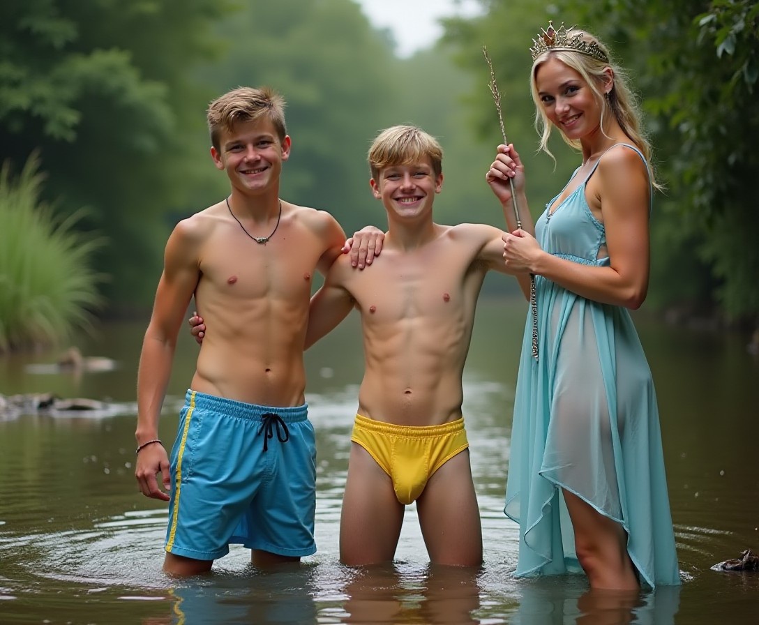Two handsome, skinny 18yo men stand knee-deep in a creek. They are full frontal wearing only blue and yellow speedos. Beside them stands their fully clothed fairy godmother holding a magic wand.