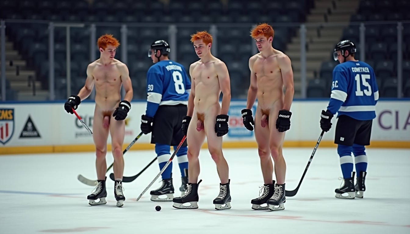 At an ice hockey game in the first team we can see three skinny 20yo ginger-haired men who are totally naked except for their skates and sticks. The other team are fully dressed in uniforns which are mostly blue.