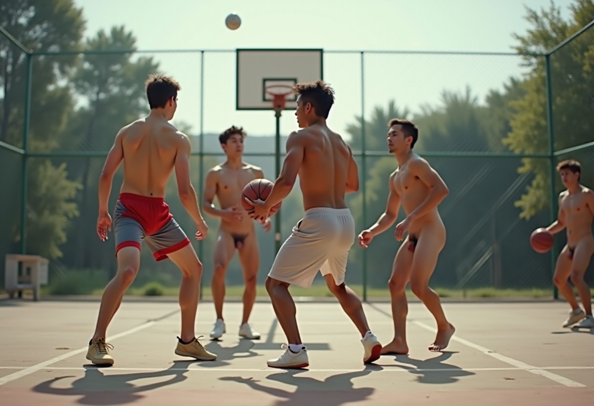 On a hot outdoor basketball court six young men are playing basketball. Three skinny Asian19yos are totally naked in the centre of the action. Their cocks are visible. Every other player wears shorts.