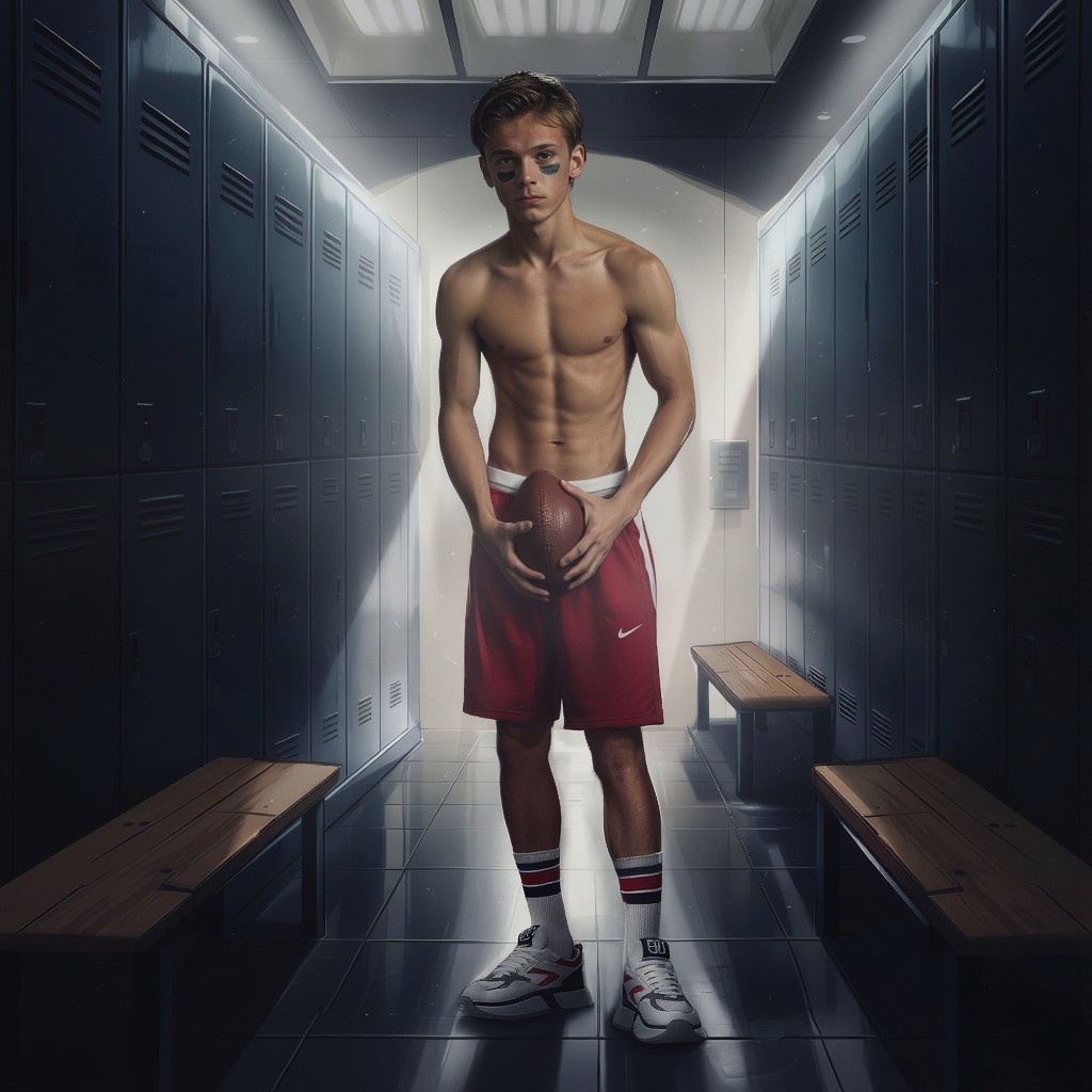 sweaty toned tanned blond athlete in a hazy dimmy lit locker room carry a football, wearing a jockstrap and striped sports socks and sneakers. his red gym shorts hang low on his hips.