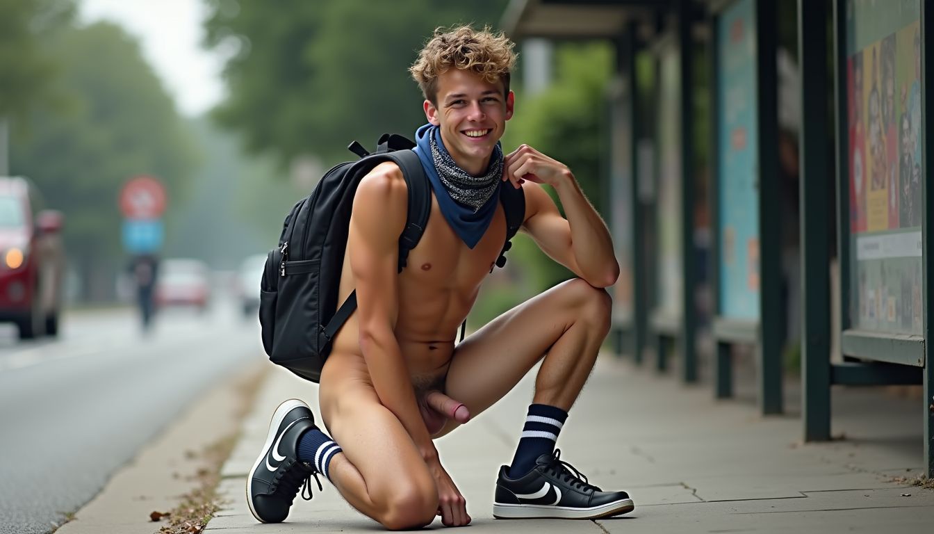 Twink kneeling in front of a bus stop