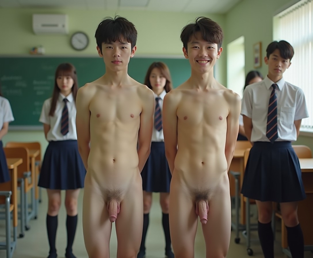 Two short, slender, handsome18yo twinks are standing full frontal and totally naked in the classroom. There are several tall, muscular senior schoolgirls close around them dressed in full scool uniform.