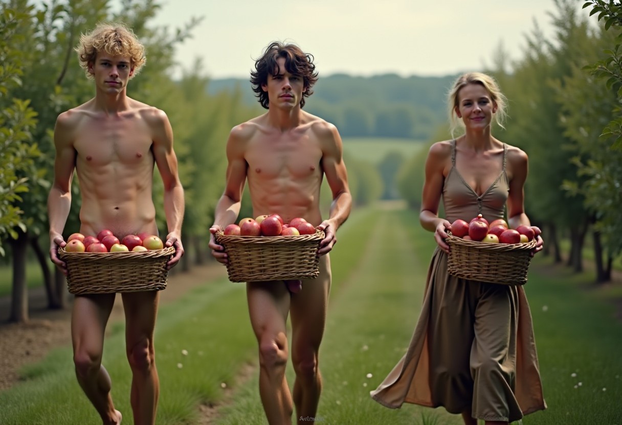 There are thrree fruit-pickers in the apple orchard each carrying a large basket of apples. One is a 20yo tall slender long-haired blonde, who is totally naked with his boner clearly visible. The second is a short, skinny pretty 18yo with curly black hair also completely naked with his boner on display. The third is a middle aged woman wearing 16th century attire.