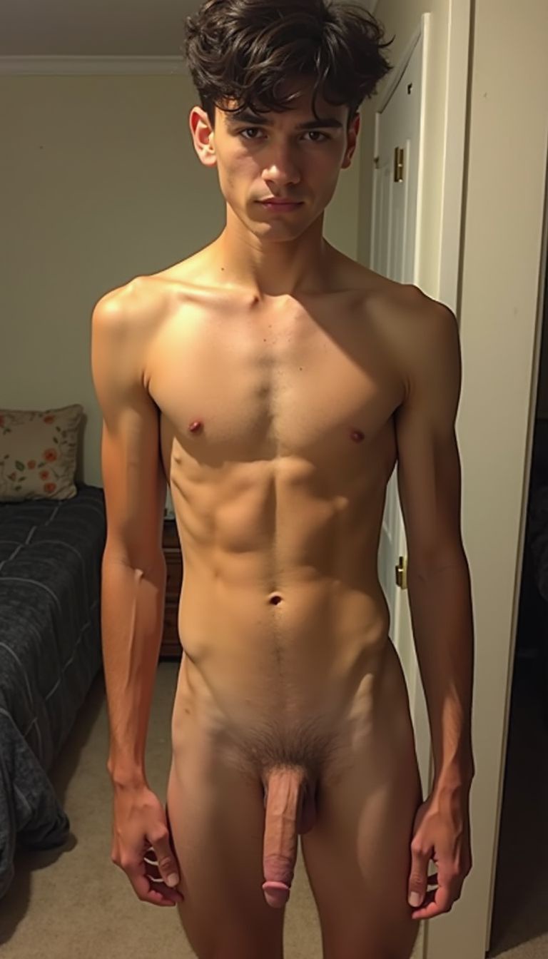 Super skinny Latino with olive color skin with a thin face and shoulder-length hair, not muscular, thin and bony twink with a big, veiny cock, taking a completely naked selfie in his room
