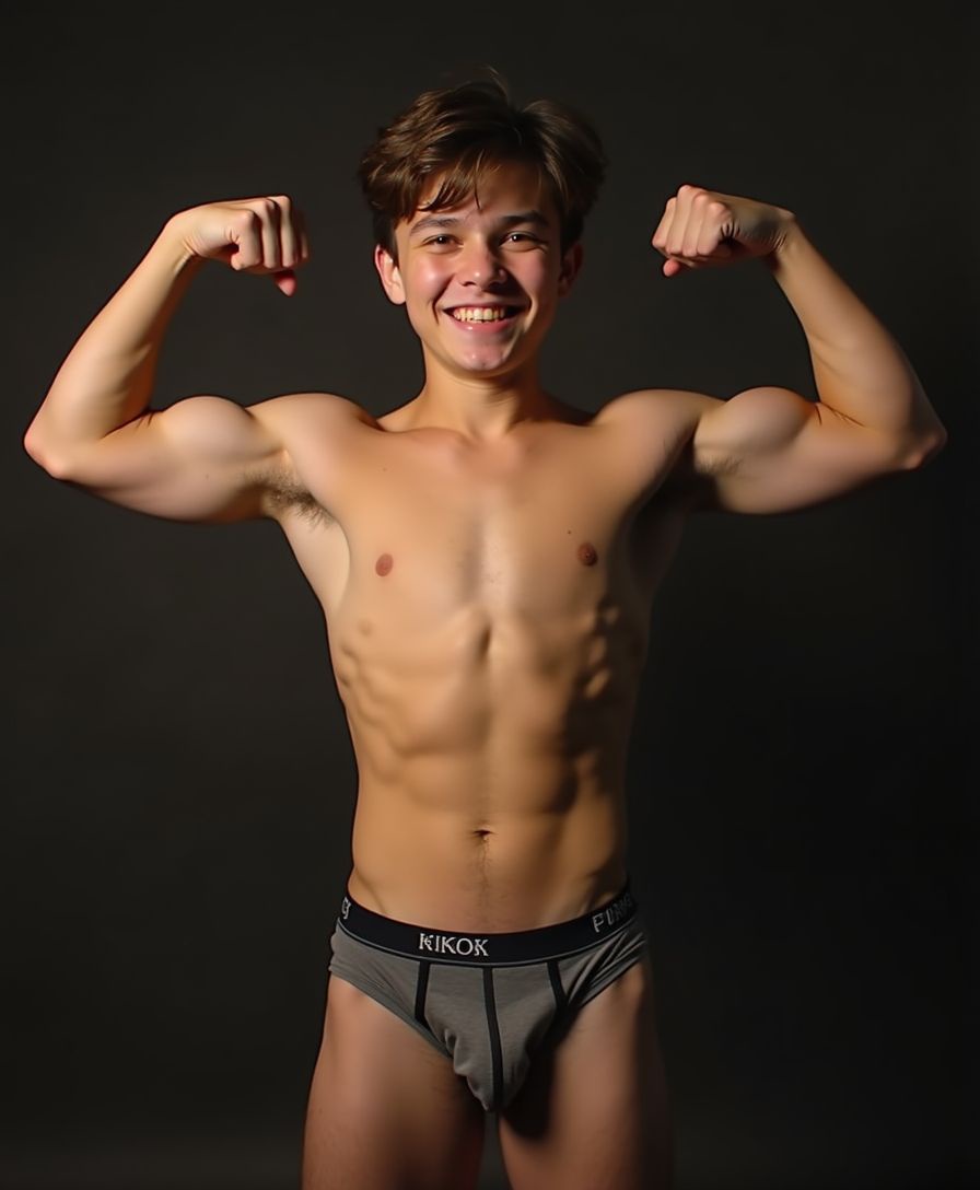 Create a steamy, tasteful portrait of an 18-year-old twink, flexing in low light, wearing only faded tight boxer briefs, with a subtle, mischievous smile.