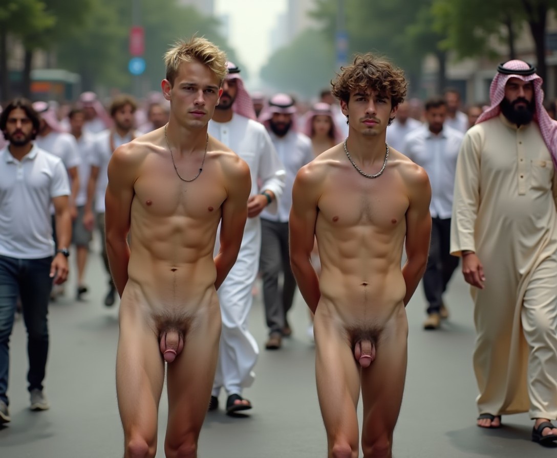 Two skinny pretty naked young men are walking in a gay pride parade. Both men have their hands behind their backs. Their ankles are shackled together by chains. Walking beside them is an older Arabian man wearring a Middle Eastern robe.