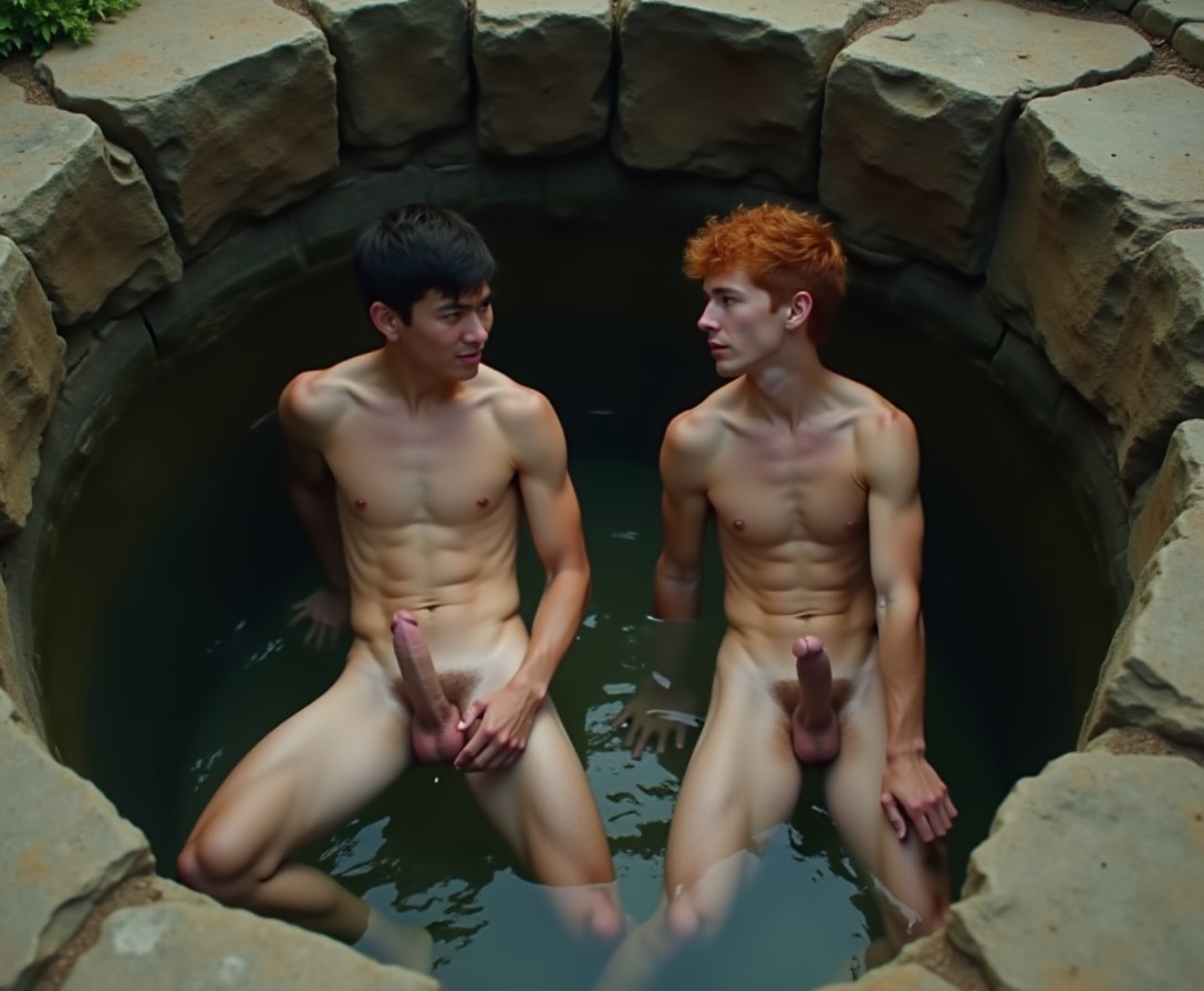 We look down into a deep pit and see two fully naked 18yo men sitting, legs apart, looking up at us with desperate expressions on their faces. One is a handsome, slender Asian man with short black hair. The other is a slender, freckled Irishman with curly red hair. Both men have large flaccid cocks visible to us.