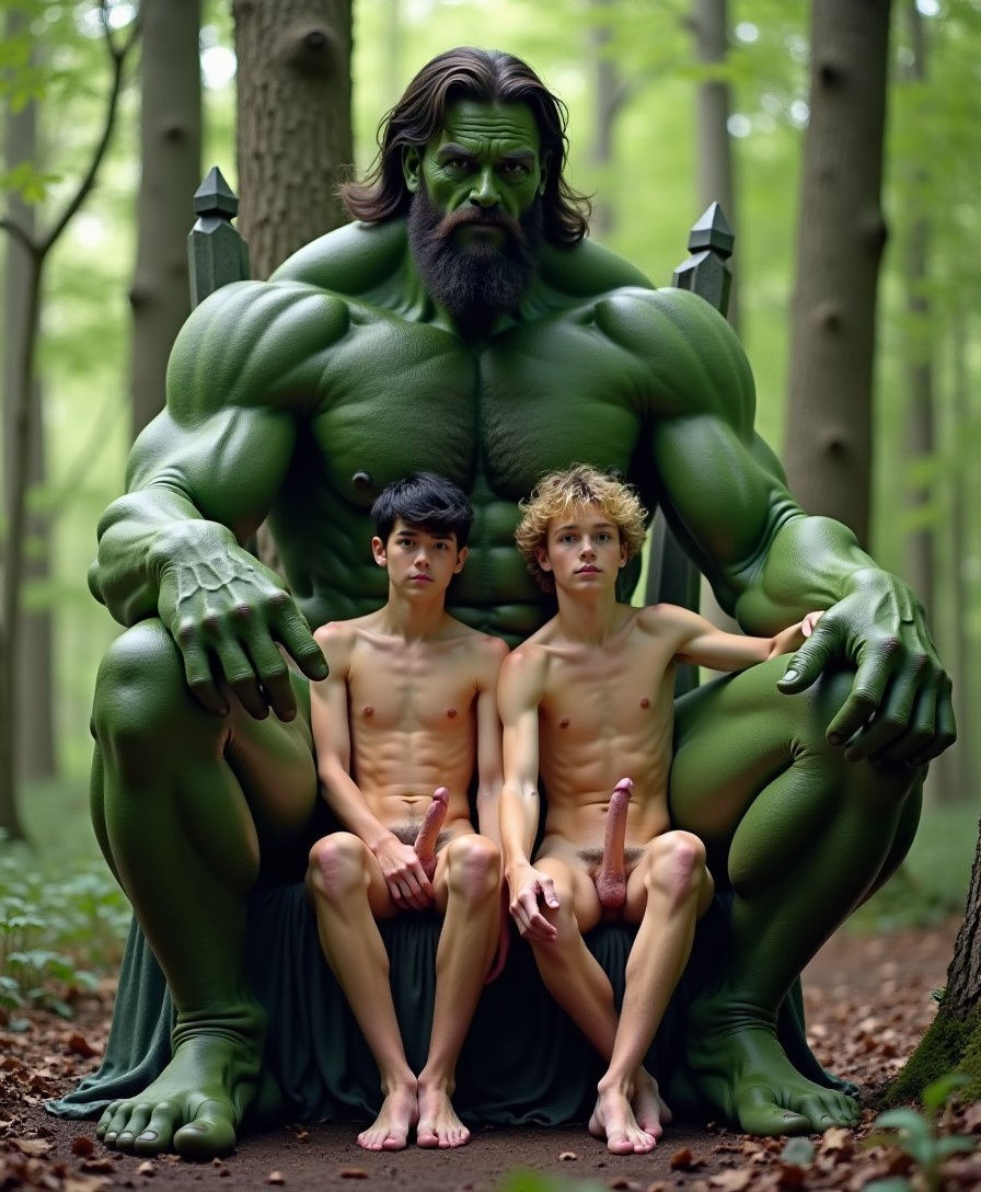 A 6m tall green giant sits on his throne in the forest. On his right knee sits a skinny naked young man with wavy black hair. His cock is visible. On his left knee sits a skinny naked young man with curly blond hair. His cock is visible.