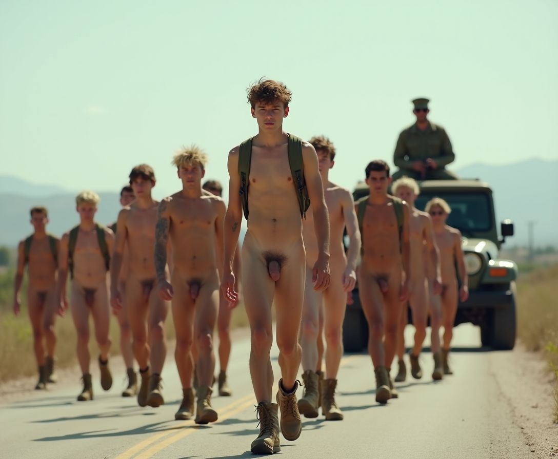 Create an outdoor scene of a large group of nude skinny twink boys of different races and ethnic with enormous long oversized cocks that hang to their knees. They are outdoors facing forward walking down a wide open flat country road naked except for the boots on their feet and some are wearing backpacks. Behind them and overlooking them menacingly a 50-year-old fully clothed soldier in a green cap and aviator sunglasses stands in a jeep that slowly follows them.