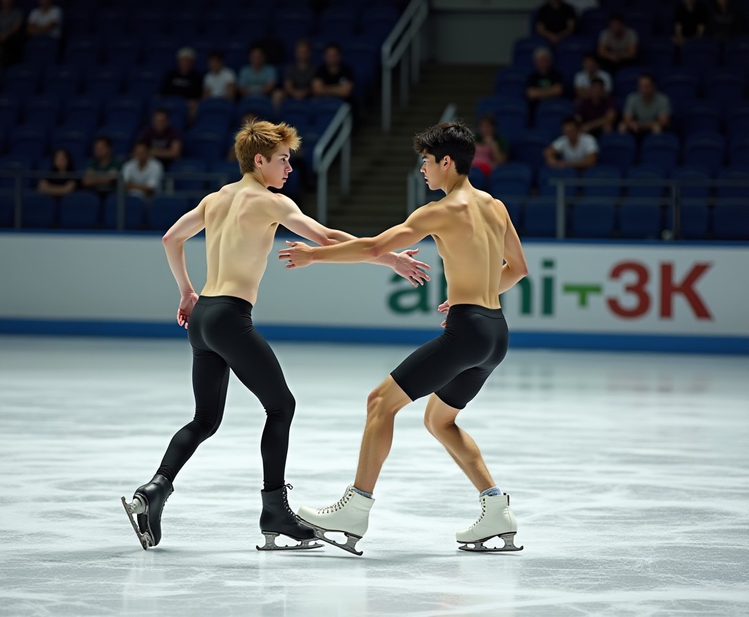 Eine Eissporthalle. Auf dem Eis drehen 2 ineinander verliebte Jungs, vollkommen nackt, ihre Runden. Sie sind Eiskunstläufer. Beide sind jung, gerade 18 Jahre alt. Der Eine mit langen lockigen blonden haaren, lächelnd, zwischen seinen Schenkeln baumelt sein 20 cm Penis. Der Andere ein Japaner mit schwarzen Haaren, breit grinsend, zwischen seinen Schenkeln baumelt sein 15 cm Penis. Beide Körper sind zart und unbehaart.