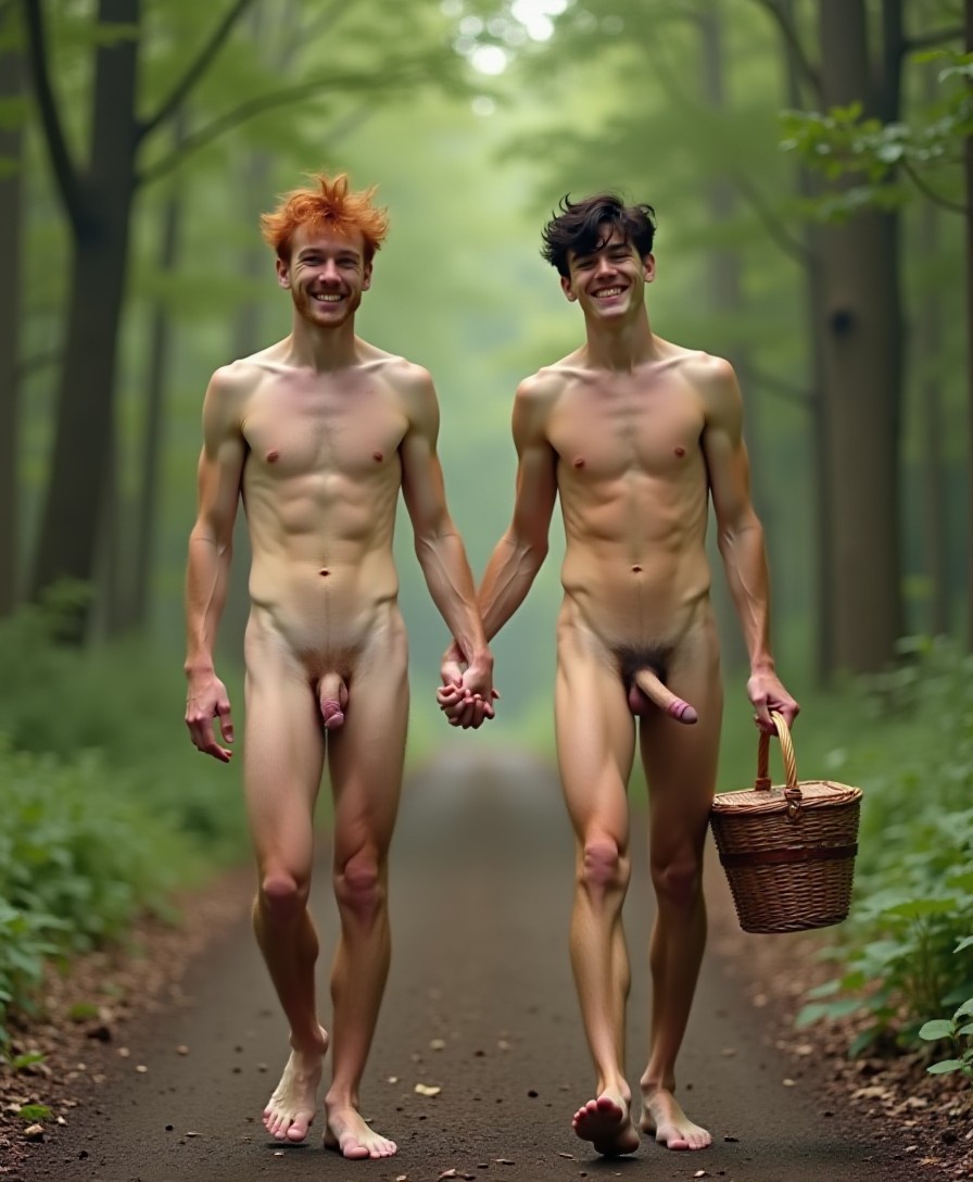 Two skinny, smiling, naked 20yo men are walking hand in hand and both full frontal, through the forest. The man on the left has messy ginger hair and a large erect cock pointing upward. The man on the right has short wavy black hair and a large erect cock pointing upward. He carries a picnic basket in his other hand.