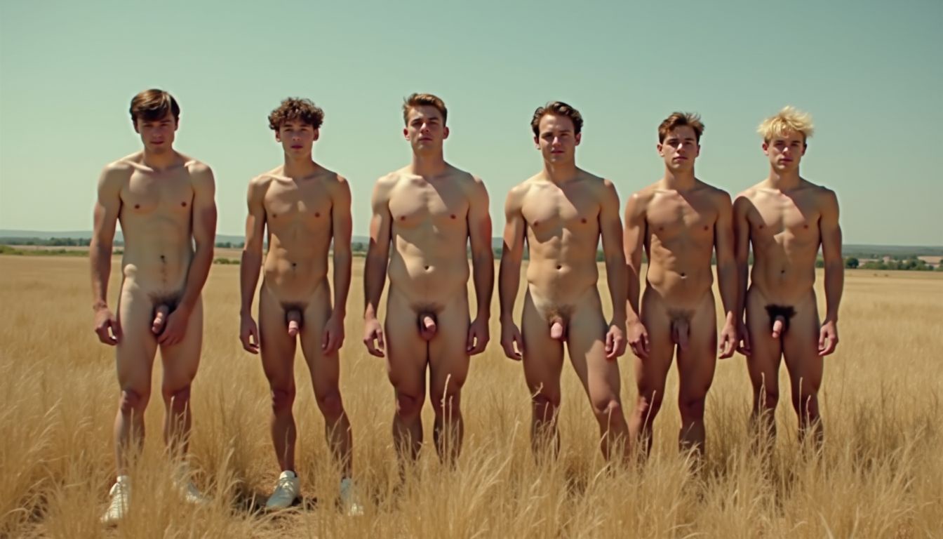 Capture a sun-kissed, explicit scene: five 18-year-old twinks, varying in hair color and grooming, nude and aroused in a sprawling, golden field, two wearing white sneakers, all fully naked, frontal nudity, 2 erect penis, 3 semi-erect, 3 have complete shaved pubic hair.