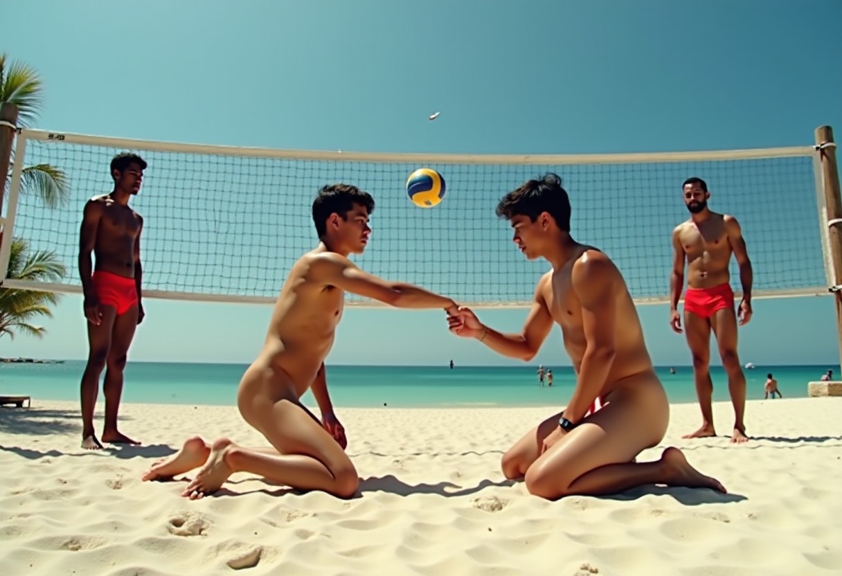We see a beach volleyball court from the end. In front of the net there are two skinny 18yo Asian men who are both totally naked, full frontal. One is on his knees. The other is holding out a hand towards him. Behind the net there are two tall, slender 20yo dark-skinned men wearing red speedos. One is holding a volleyball.