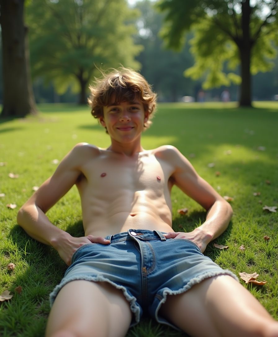 Create a captivating, tasteful image of a 100lb twink, dressed in worn, faded and very short, cut-off blue jeans shorts, lounging on a verdant park lawn, sun-kissed and carefree oblivious to the crowds in the park.