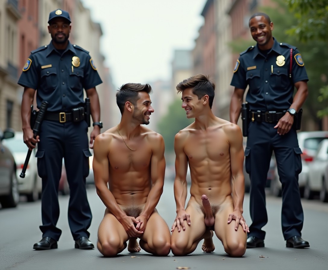 In the street, two pretty skinny naked twin teen brothers are kneeling full frontal with very large erections. They are distressed. Standing on each side is a smiling dark-skinned policeman holding a baton.