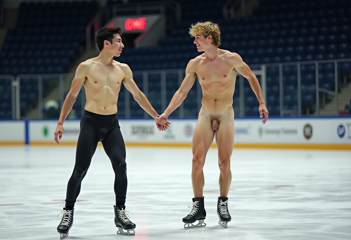 Eine Eissporthalle. Auf dem Eis drehen 2 ineinander verliebte Jungs, vollkommen nackt, ihre Runden. Sie sind Eiskunstläufer. Beide sind jung, gerade 18 Jahre alt. Der Eine mit langen lockigen blonden haaren, lächelnd, zwischen seinen Schenkeln baumelt sein 20 cm Penis. Der Andere ein Japaner mit schwarzen Haaren, breit grinsend, zwischen seinen Schenkeln baumelt sein 15 cm Penis. Beide Körper sind zart und unbehaart.