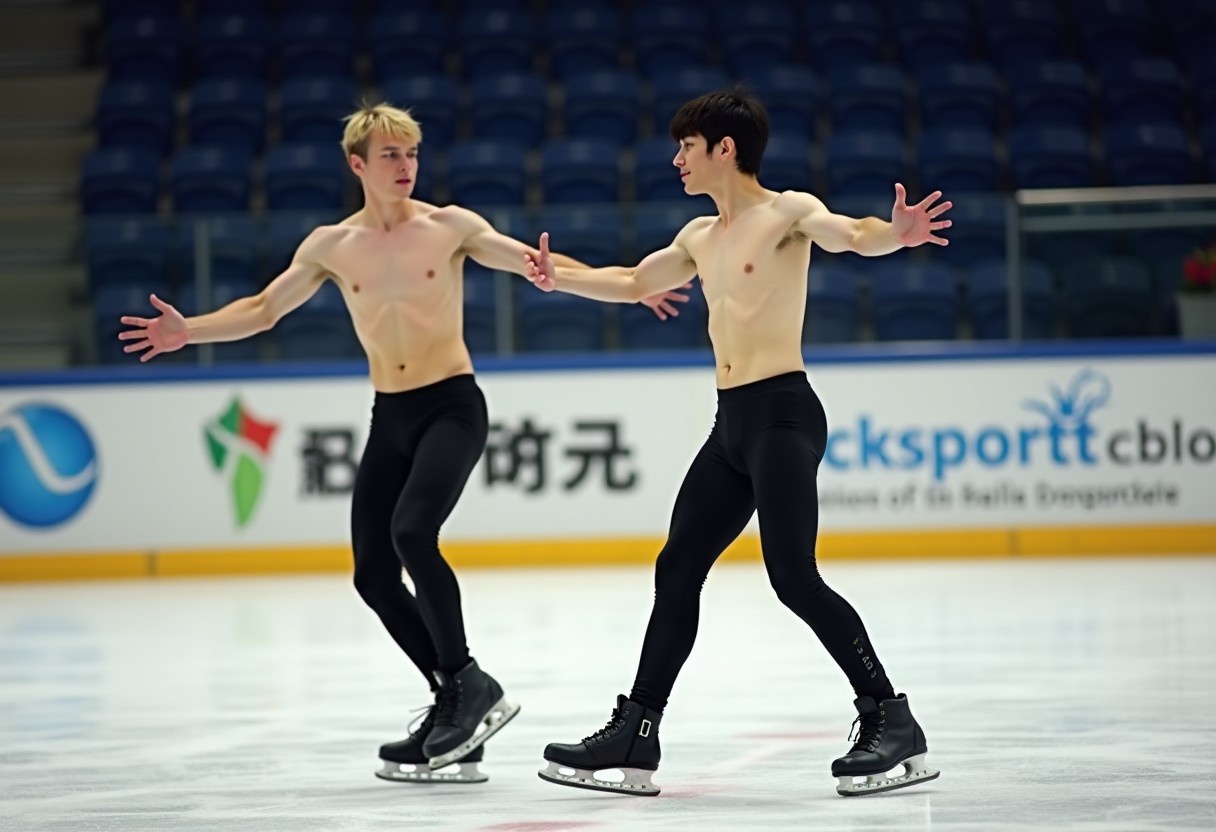 Eine Eissporthalle. Auf dem Eis drehen 2 ineinander verliebte Jungs, vollkommen nackt, ihre Runden. Sie sind Eiskunstläufer. Beide sind jung, gerade 18 Jahre alt. Der Eine mit langen lockigen blonden haaren, lächelnd, zwischen seinen Schenkeln baumelt sein 20 cm Penis. Der Andere ein Japaner mit schwarzen Haaren, breit grinsend, zwischen seinen Schenkeln baumelt sein 15 cm Penis. Beide Körper sind zart und unbehaart.