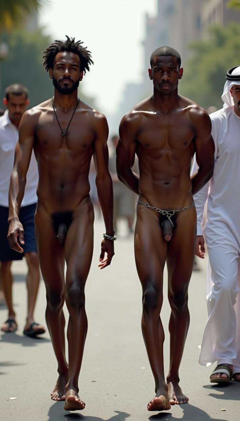 Two skinny pretty naked young African men are walking in a gay pride parade. Both men have their hands behind their backs. Their ankles are shackled together by chains. Walking beside them is an older Arabian man wearring a Middle Eastern robe.